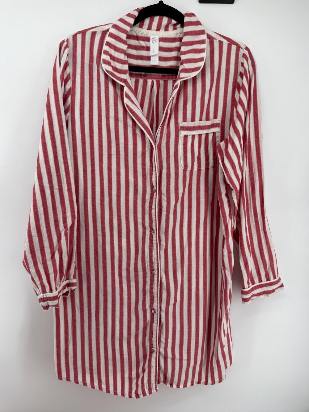 Stars Above Womens Large Red White Striped Flannel Sleep Shirt Nightshirt Cotton